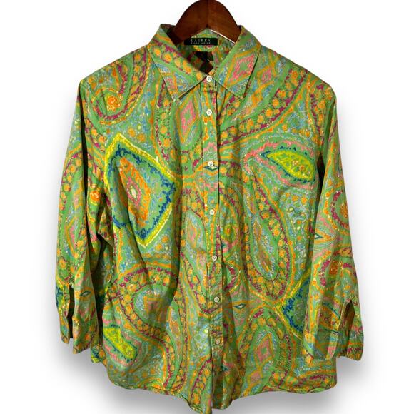 Lauren Ralph Lauren Button Down Shirt Boho Paisley Green Cotton 1X - Picture 3 of 11
